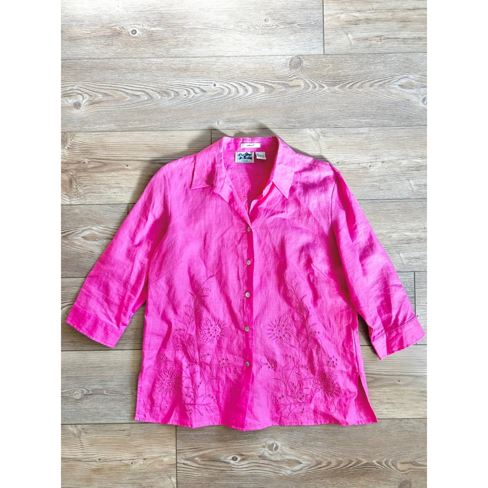 Edward Irish Linen Hot Pink Embroidered Eyelet 3/4 Sleeve Button Up Shirt L